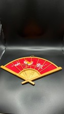 Handcrafted Red Decorative Wall Fan Birds Cherry Blossom Asian Bamboo Vintage