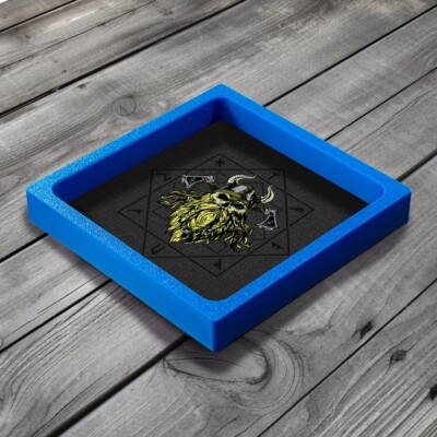 Blue Framed Viking Dice Tray, 3D Printed with Neoprene Lining D&D Rolling Tray