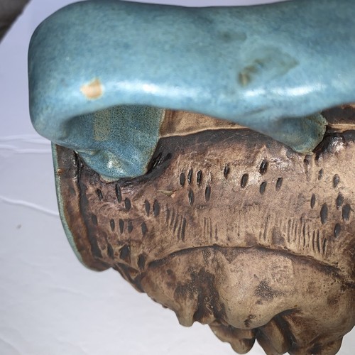 Creepy Mug 3D Cross Eyed Face Crazy Snake Sun Blue Handle Heavy *REPAIRED READ** - Picture 9 of 19