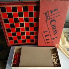 VTG  RED WHITE CHESS SET  SELCHOW RIGHTER NYC NEW YORK MID CENTURY 1960s 50s NY