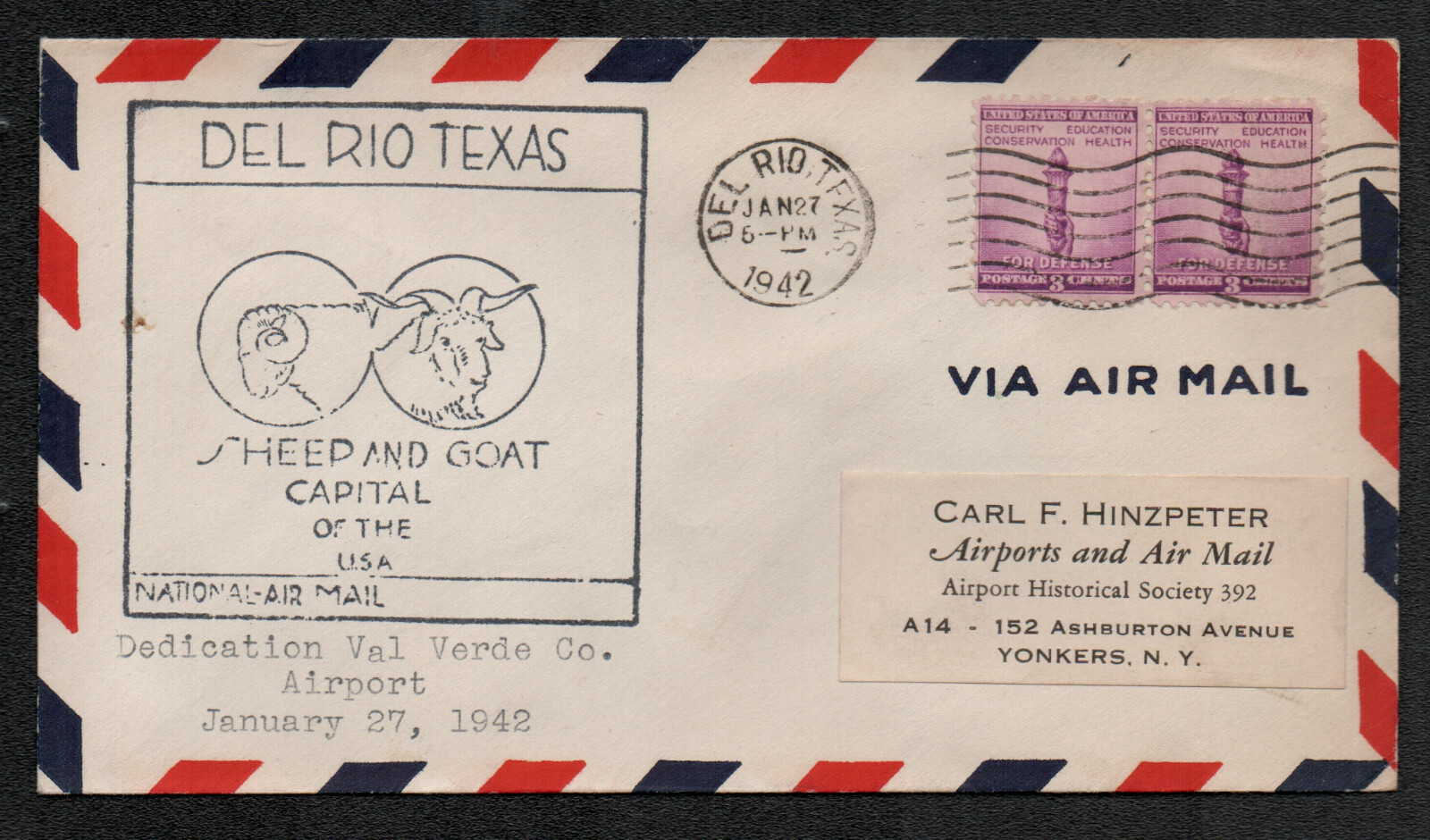 1942 Del Rio TX Val Verde County Airport Dedication Cover AAMC O2
