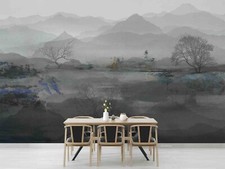 3D Tree Mountain Sea Fog Gray Self-adhesive Removeable Wallpaper Wall Mural 881