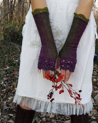 Handmade Knit Crochet Wool Fingerless Womens Long Gloves emerald green purple OS