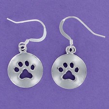 Paw Print Cutout Round Earrings 925 Sterling Silver Pet Dog Cat Dangle Wires
