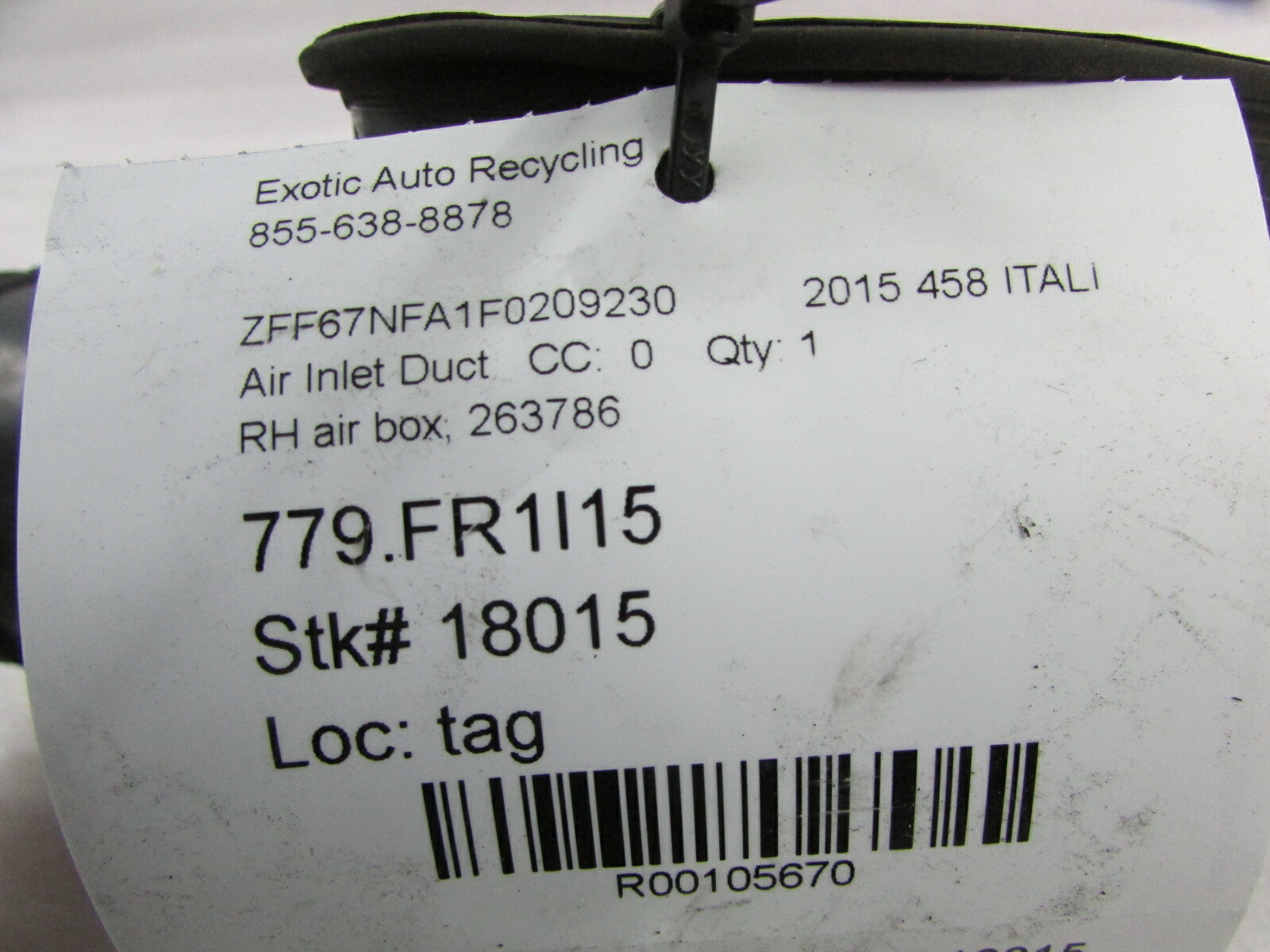 Ferrari 458 Italia, RH, Right Air Inlet Duct, Tube, Used, P/N 263786