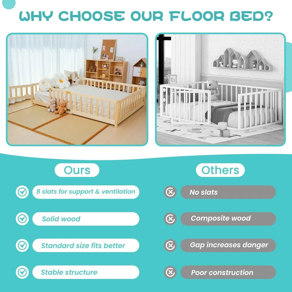 Marco de cama Montessori NAIZEA cama de piso para niños pequeños cama de tamaño completo con listones y cerca Foto 4 de 4