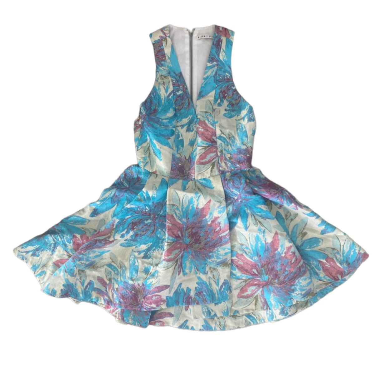 Alice Olivia Fit Flare Pink Blue Floral Metallic Dress Size 0