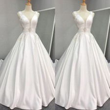 Classic Satin Wedding Dresses V Neck Sleeveless A Line Sweep Train Bridal Gowns
