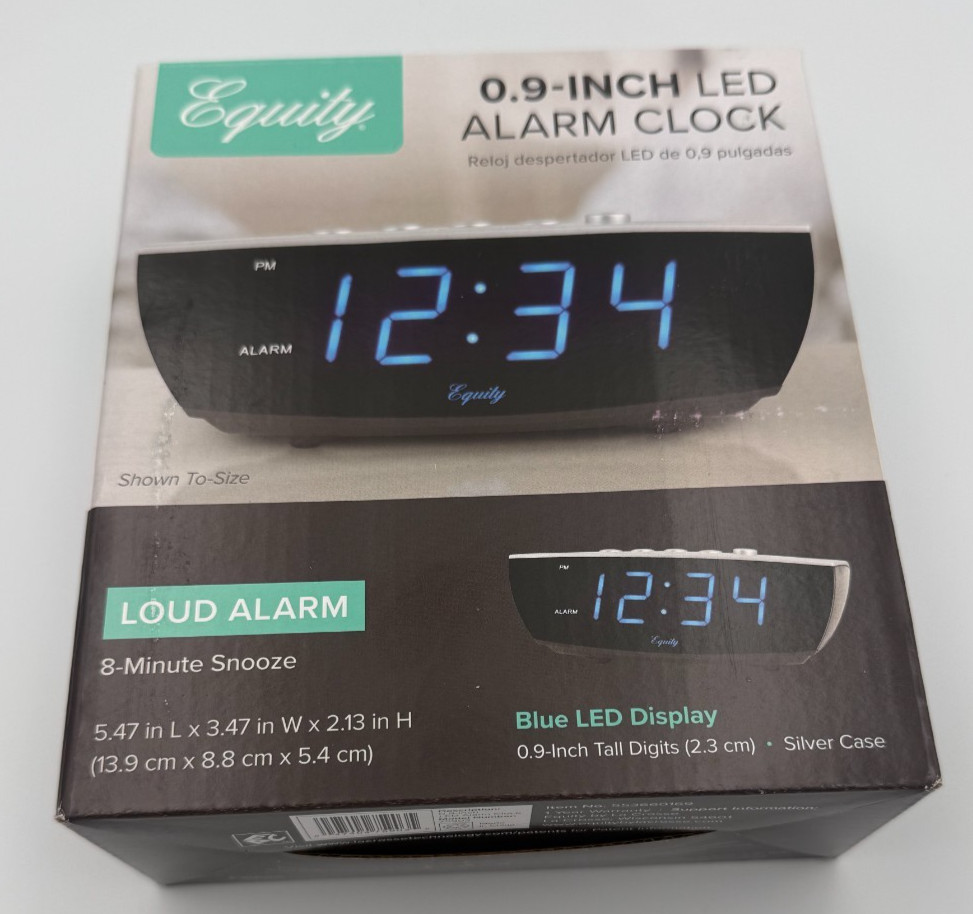 Equity by La Crosse 0.9" Blue LED Digital Alarm Clock Silver Case Loud 75903 NIB