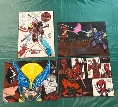 (4) Original 15x11 hand drawn art sketch Deadpool Ironman Wolverine Thanos