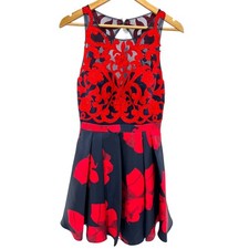 Glamour by Terani Couture Red Navy Floral Embellished Fit Flare Dress 10 NWT