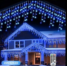 Image of White & Blue Connectable IP44 Waterproof Icicle Lights with 8 Modes & Remote