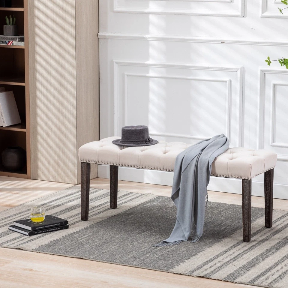 Beige Upholstered Tufted Bench Ottoman Velvet Bench Bedroom Bench Footrest Stool - Image 2 of 4