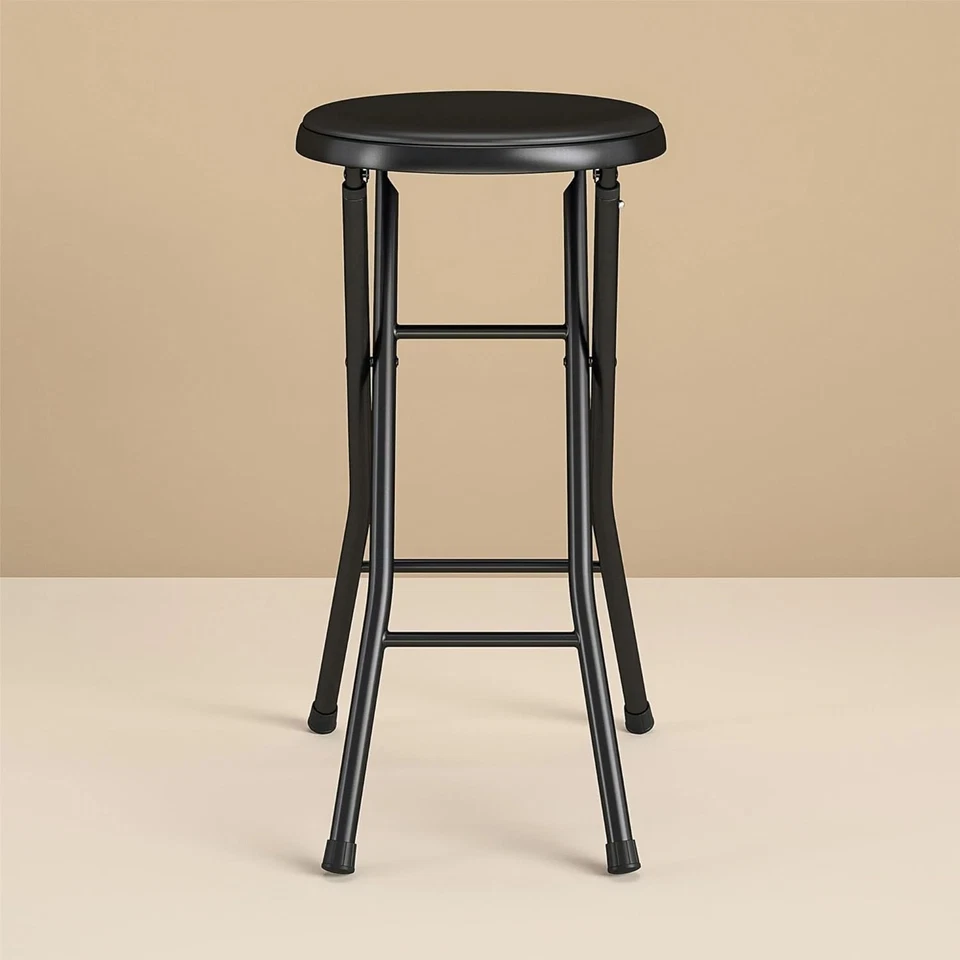 Folding Metal Stool, Black Lightweight Folds Flat Easily Fits in Trunks & Closet - Image 2 of 4