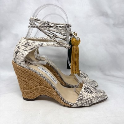 NEW Jimmy Choo Deva 85 Snakeskin Leather Tasseled Ankle Tie Wedge Sandal Heels