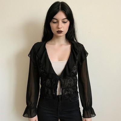 Red Night Gothic Lace Ruffle Cardigan Womens Small Tie Front Gothic Lolita Witch