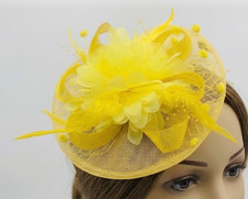 Yellow Fascinator Hat Hair Clip Floral Mesh Feather Pearl Tea Party Church Derby
