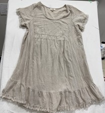 Umgee Women's Lg Linen Blend Short Sleeve Hi Low Fringe Mixed Media Dress Boho