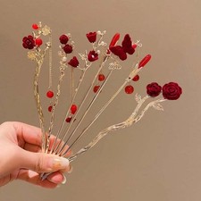 Vintage Chinese Red Rose Alloy Tassel Hair Stick for Women Hairpin