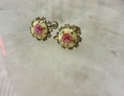 Antique Screw Back Eglomise Enamel Rose Motif With Rhinestones Earrings — photo 1