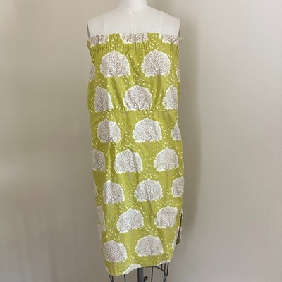 K. Jurek Strapless Dress Womens M Green Tree Bird Print Sundress Made in USA