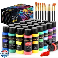 Acrylic Paint Set, 24 Colors (2 oz/Bottle) with 12 Art Brushes, Art Supplies 