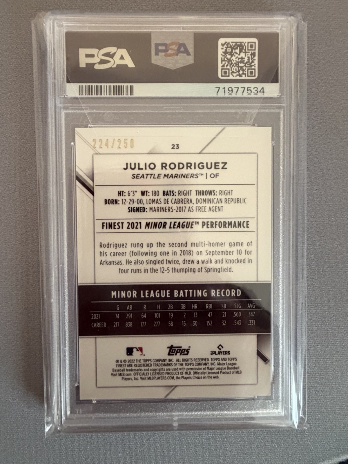 2022 Topps Finest Julio Rodriguez RC Mariners #23 Purple Refractor/250 PSA 9 view 2