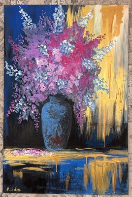 Original Abstraktes Blumen Acryl Gemälde auf Leinwand - Groß 40x60cm - M. Salem