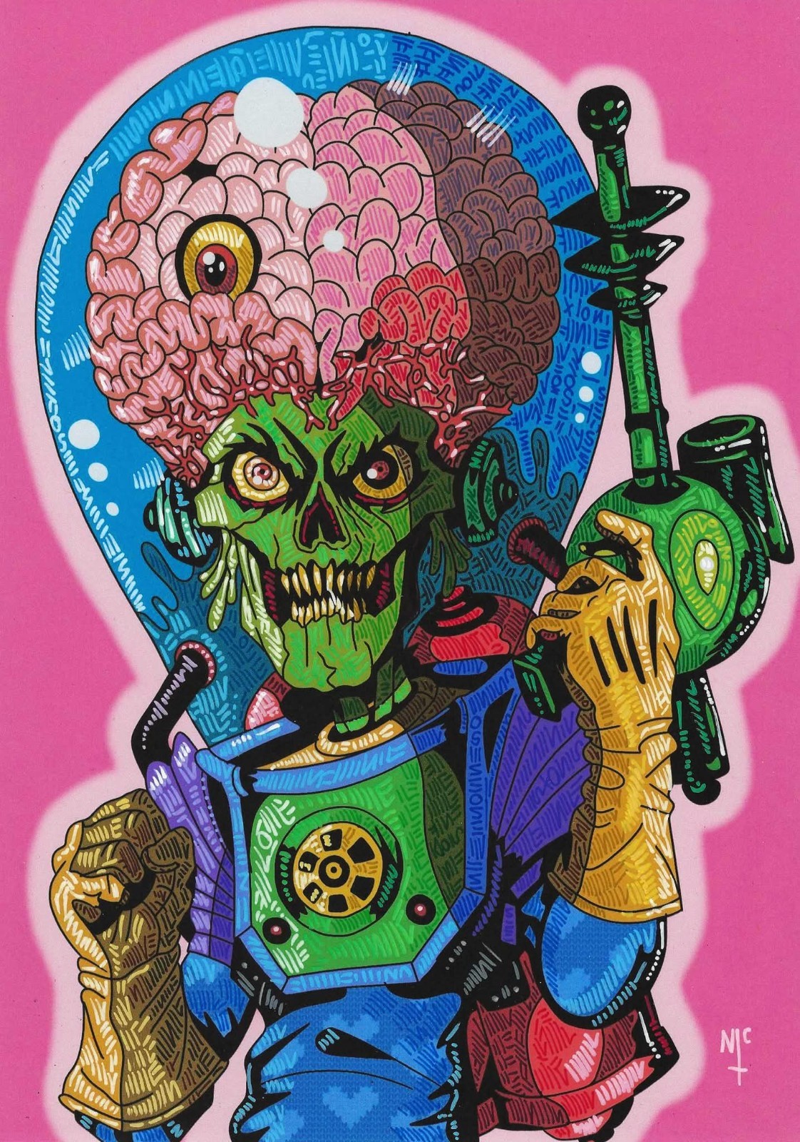 dark retro comic art mars attacks! alien pop art inks on A4 card cool artwork 