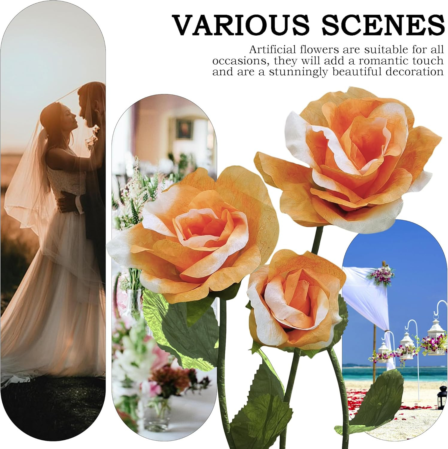 3Pc Big Artificial Paper Flowers Wedding Decorations, Giant Rose Flower with Ste