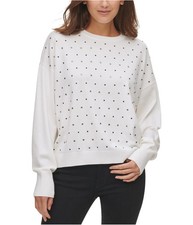 DKNY Womens Embellished Pullover Sweater, ivory, L