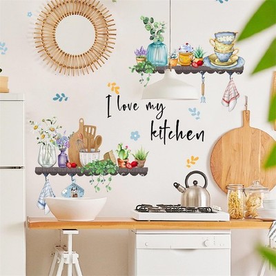 Bowl Kitchenware Utensil Shelf Wall Stickers, I Love My Kitchen Potted Flower...