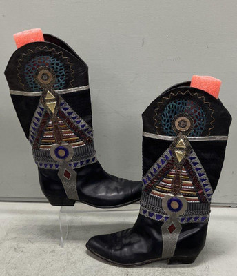 Pollini Italy Black Leather Embellished Western Boho KneeHigh Boots EU41  A16