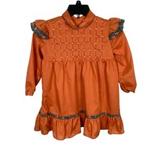 Vintage Polly Flinders Hand Smocked Dress Girls Size 6X Floral Accents Ruffles