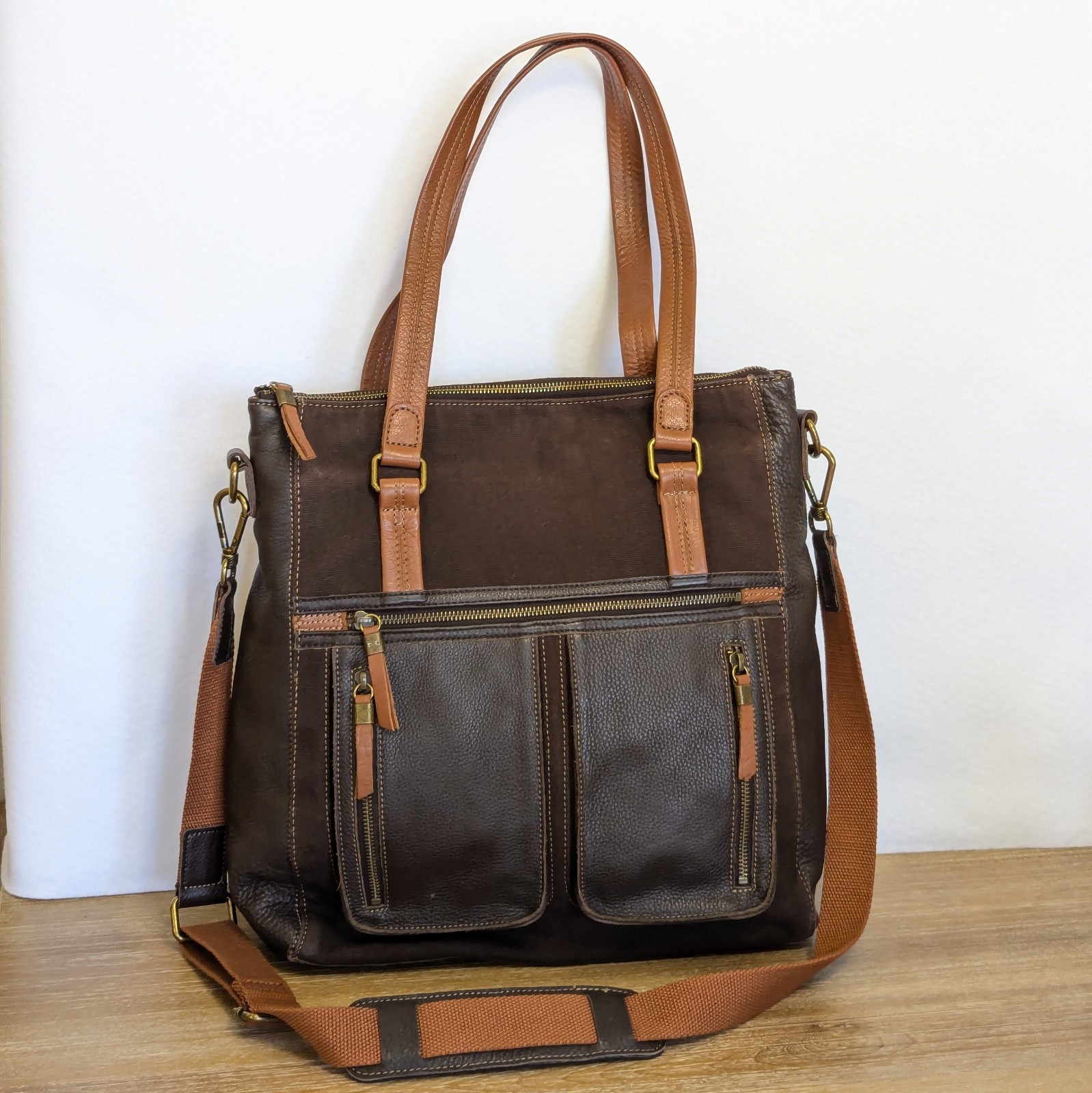 The Sak Brown Canvas & Leather Satchel Laptop Tote Bag Shoulder Strap Pockets