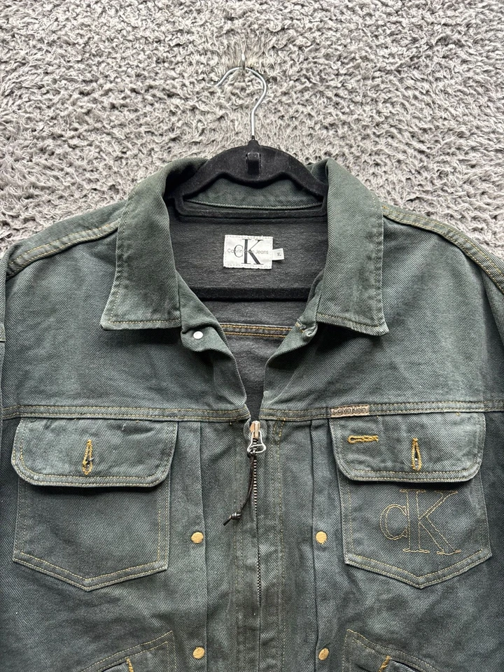 Chaqueta De Colección Años 80 90 Calvin Klein Denim Cuello Cremallera Completa Verde Para Hombre Talla XL Foto 3 de 4
