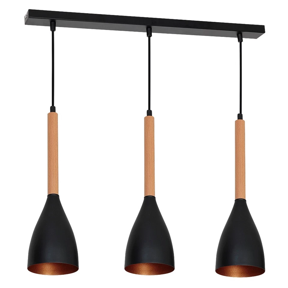Retro Hängelampe helles Holz Schwarz Gold 3xE27 L:56cm Pendelleuchte hängend - Bild 1 von 1