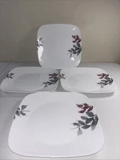 Corelle KYOTO LEAVES Dinner Plates 10.5”White Red Gray Square Set of 4 EUC