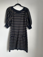 Jessica Howard Navy and Tan Striped Sweater Dress Puff Sleeves Pocket Detail M