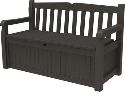 70 Gal Outdoor Storage Bench, Resin, Lockable, Weatherproof, Brown