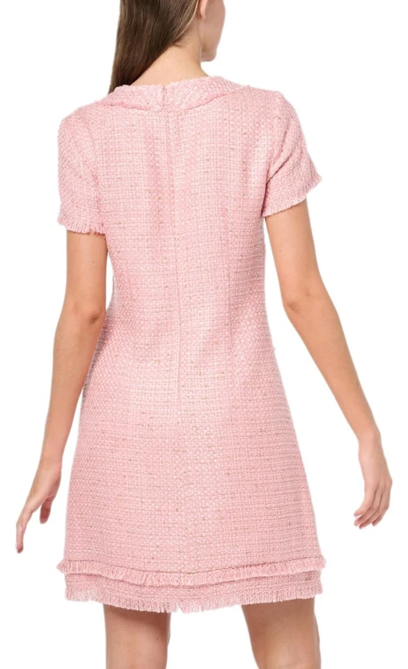 Vestido Eliza J Rosa Tweed Nuevo con Etiquetas Bolsillos Flecos Perla Estrás Broche Botón Talla 12 Foto 2 de 4