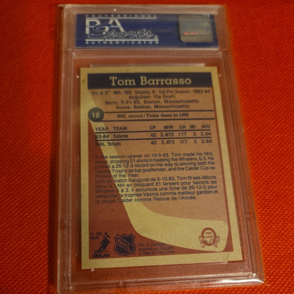 1984-85 OPC O-PEE-CHEE #018 TOM BARRASSO ROOKIE RC PSA 8 - Image 2 of 2