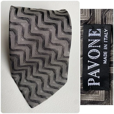 Vtg Pavone Mens Silk Tie Necktie Italy 3.75 x 58 Zig Zag Pattern 3D Silver - Image 1 of 4