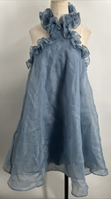 LULUS Womens Perfect Stunner Slate Blue Organza Ruffled Halter Mini Dress Size L