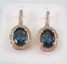 4Ct Oval Cut London Blue Topaz Diamond Drop-Dangle Earrings 14K Rose Gold Finish