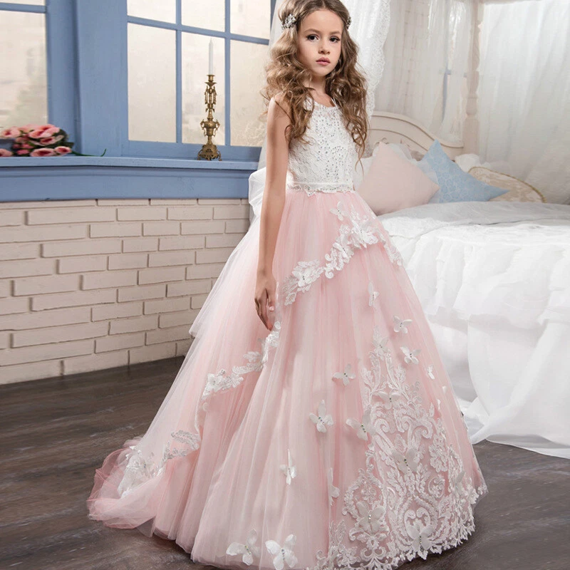 Child Wedding Dress Hot Diamond Lace Handmade Flower Mesh Girl Long Dress