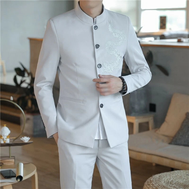 Mens Retro Style Suits Chinese Embroidered Jacket Pants Slim Fit