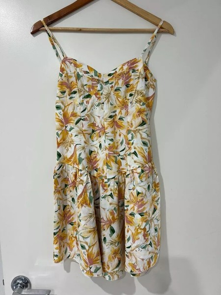 MICAS Floral Sweetheart Neckline Mini Dress White A-Line Yellow Size Small