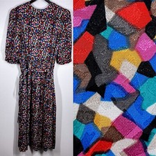Vtg. Adrianna Papell 100% Silk Midi Dress 14 Colorful Print Puff Sleeve Belted