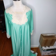 VTG 70's SHADOWLINE Aqua W/ LACE YOKE TRIM NYLON ROBE NIGHTGOWN SZ M